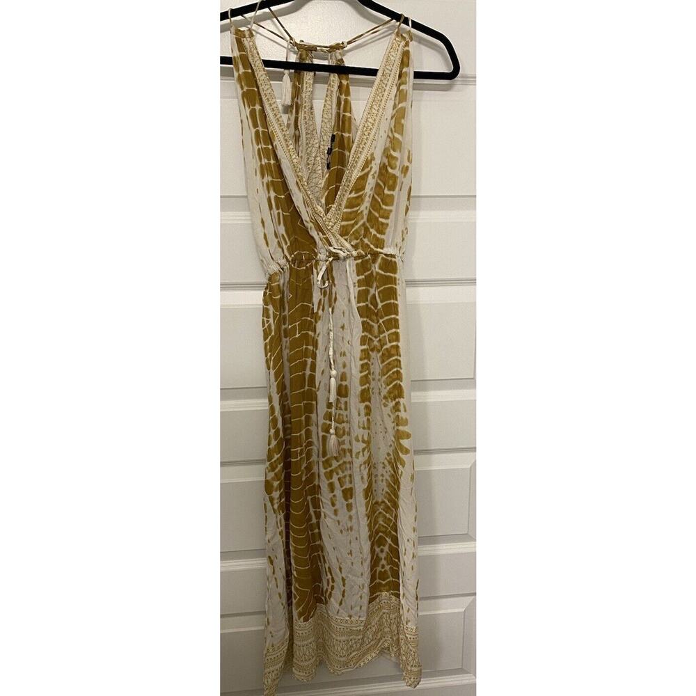 Spagia Dress Womens Large Gold White Tie Dye Maxi Strappy Sexy Boho Hippie Geo